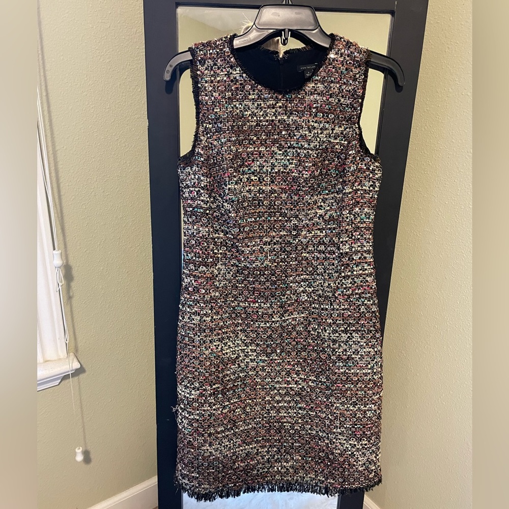 Ann Taylor Black Confetti Tweed Fringe Dress